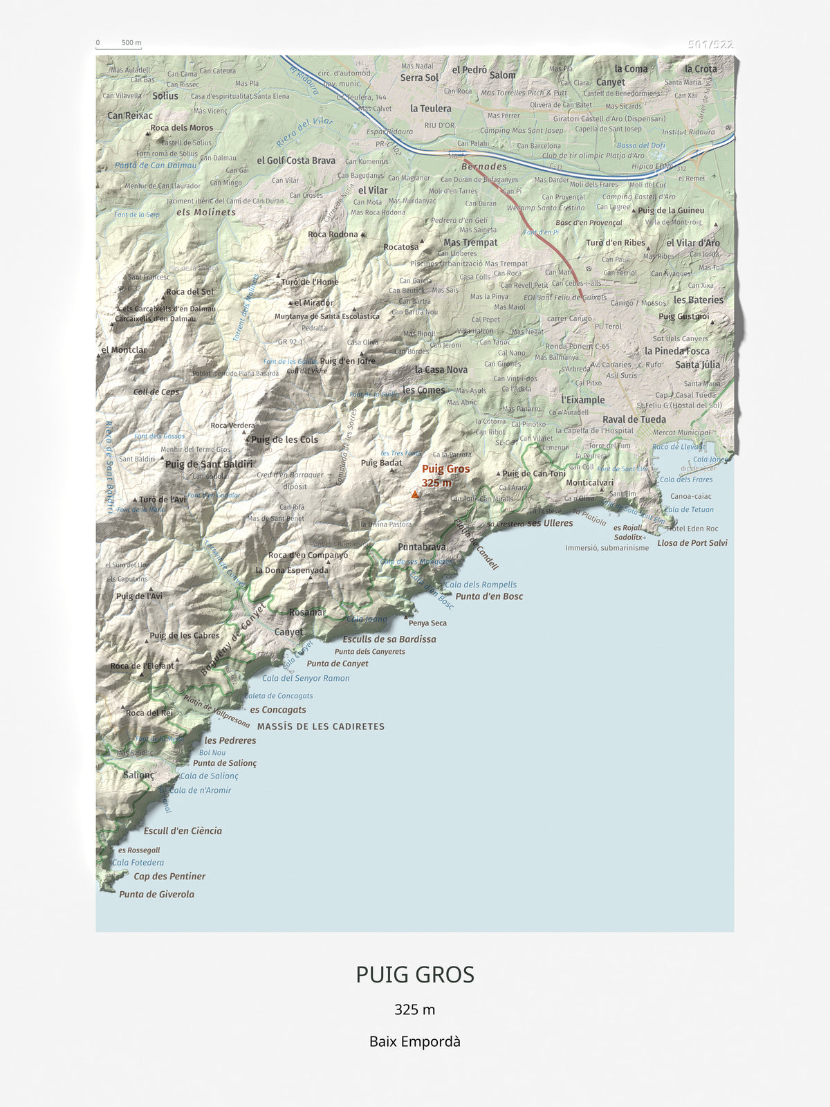 Mapa de relieve de Puig Gros, 325 m, Baix Empordà, lámina 100 Cims de Trobart 30 × 40 cm.