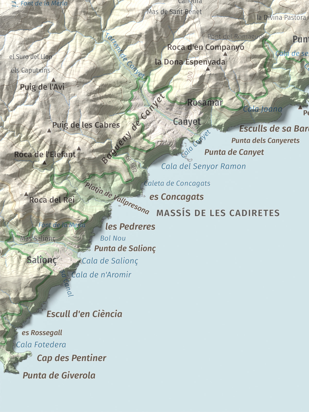 Mapa de relieve de Puig Gros, 325 m, Baix Empordà, lámina 100 Cims de Trobart. Detalle de la zona inferior izquierda. 30 × 40 cm.