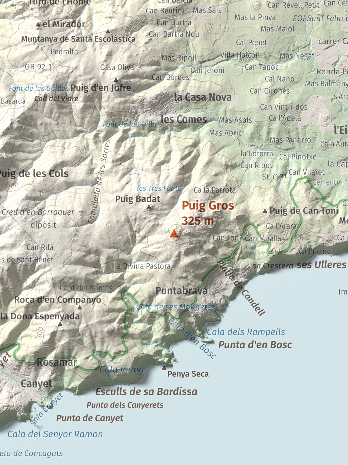 Mapa de relieve de Puig Gros, 325 m, Baix Empordà, lámina 100 Cims de Trobart. Detalle de la zona central. 30 × 40 cm.