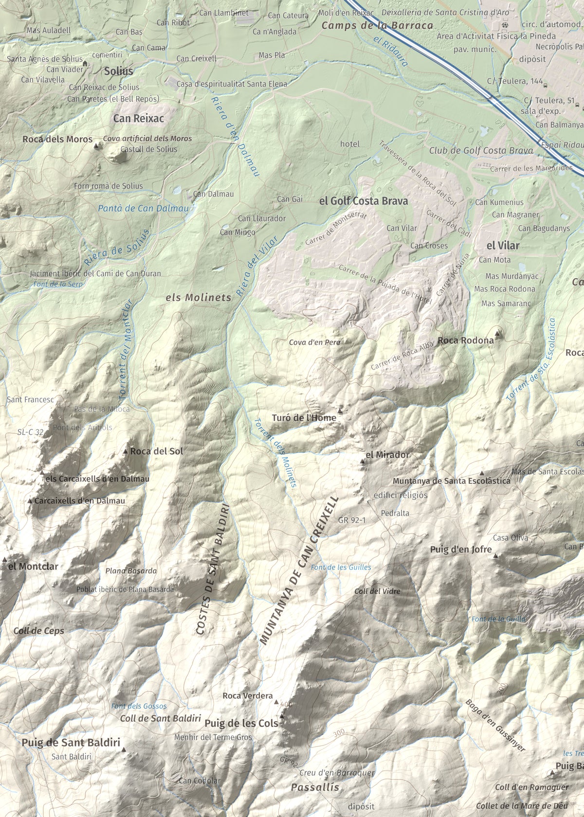 Mapa de relieve de Puig Gros, 325 m, Baix Empordà, lámina 100 Cims de Trobart. Detalle de la zona superior izquierda. 50 × 70 cm.