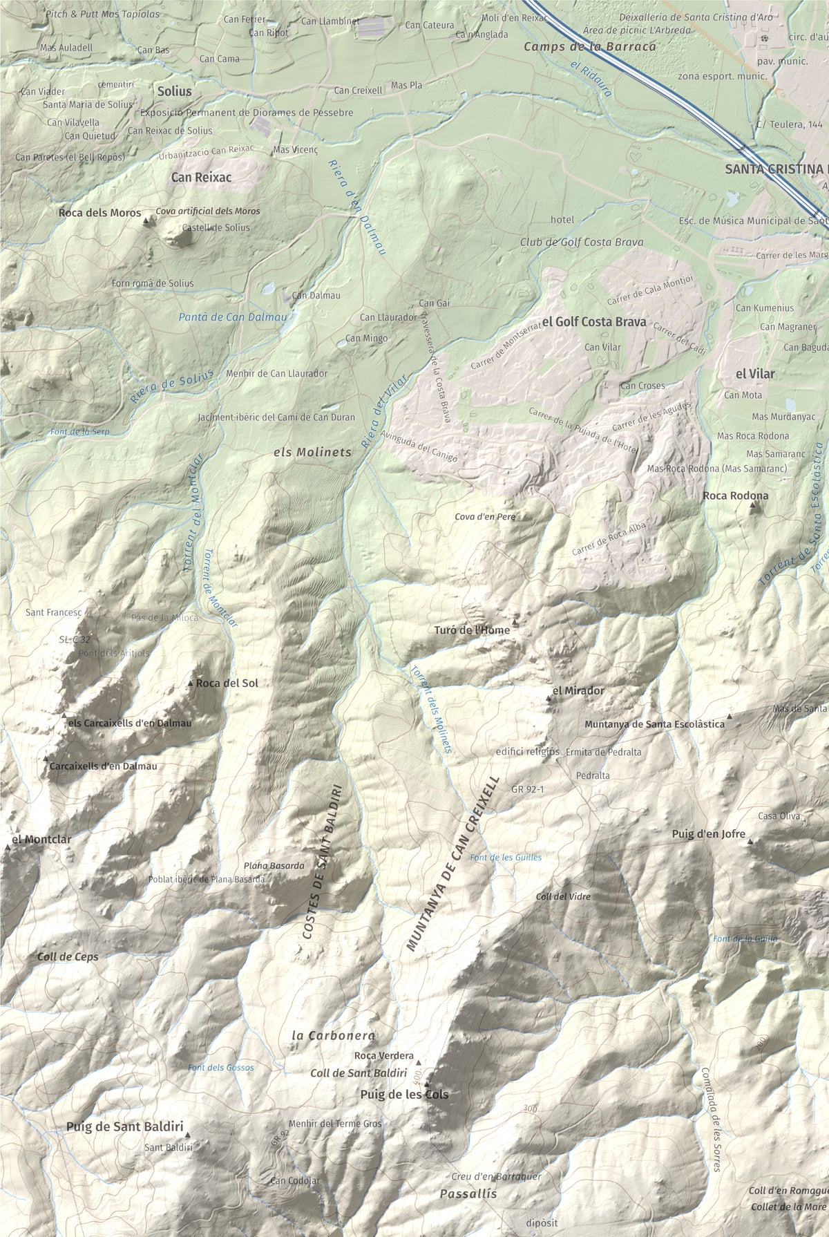 Mapa de relieve de Puig Gros, 325 m, Baix Empordà, lámina 100 Cims de Trobart. Detalle de la zona superior izquierda. 61 × 91 cm.