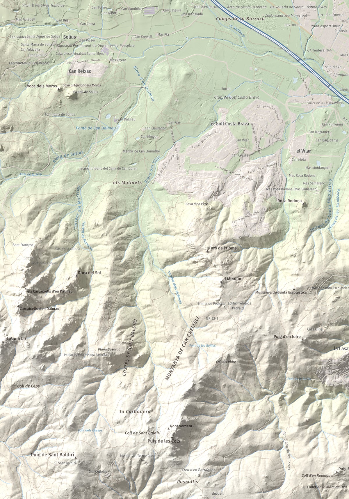 Mapa de relieve de Puig Gros, 325 m, Baix Empordà, lámina 100 Cims de Trobart. Detalle de la zona superior izquierda. 70 × 100 cm.