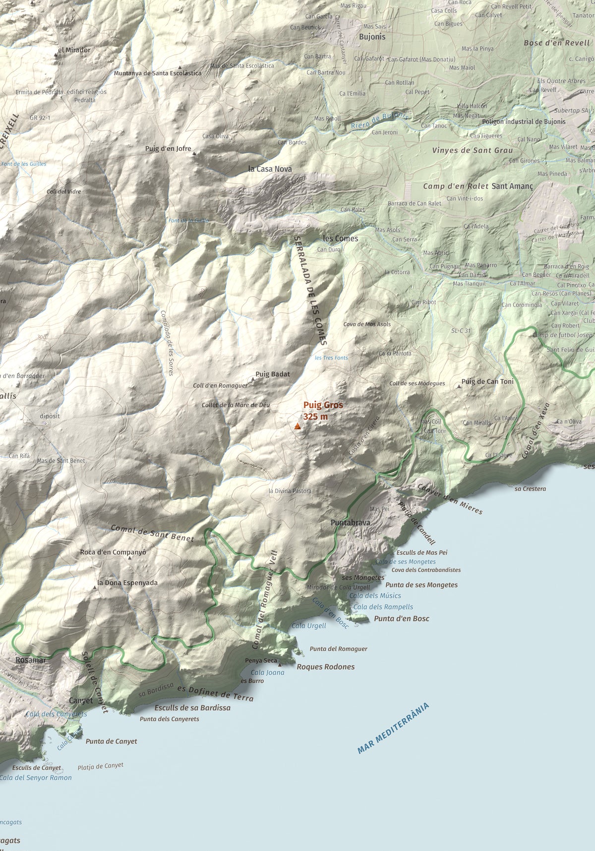 Mapa de relieve de Puig Gros, 325 m, Baix Empordà, lámina 100 Cims de Trobart. Detalle de la zona central. 70 × 100 cm.