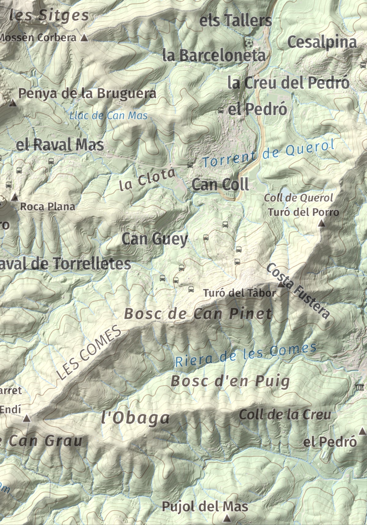 Mapa topográfico del relieve: Puig Vicenç, 468 m. Detalle de la zona inferior derecha. 21 × 30 cm.