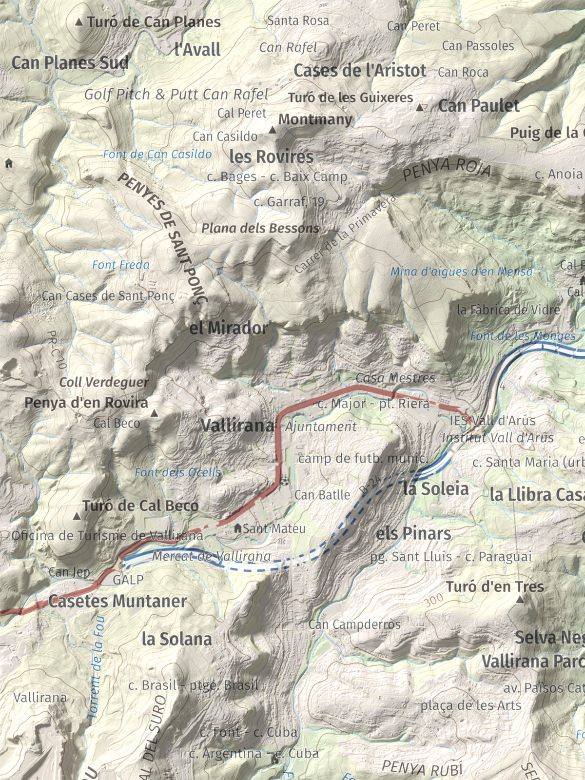 Mapa topográfico del relieve: Puig Vicenç, 468 m. Detalle de la zona superior izquierda. 30 × 40 cm.