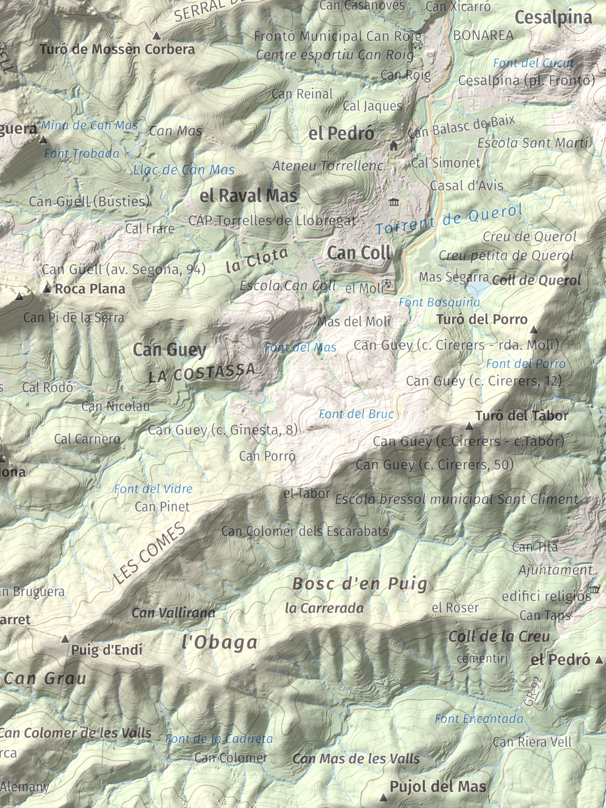 Mapa topográfico del relieve: Puig Vicenç, 468 m. Detalle de la zona inferior derecha. 30 × 40 cm.