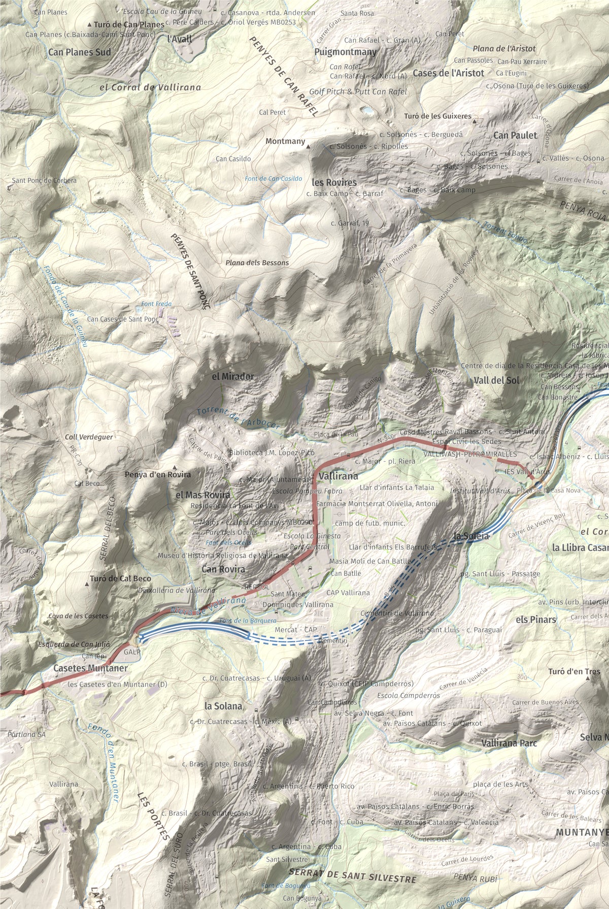 Mapa topográfico del relieve: Puig Vicenç, 468 m. Detalle de la zona superior izquierda. 61 × 91 cm.