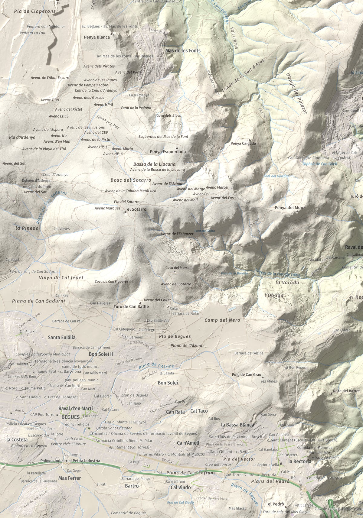 Mapa topográfico del relieve: Puig Vicenç, 468 m. Detalle de la zona inferior izquierda. 70 × 100 cm.