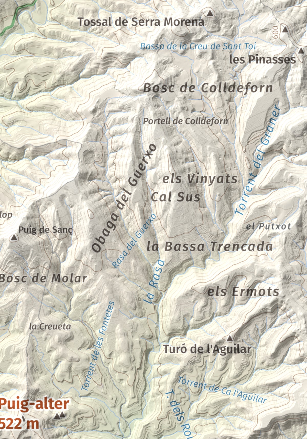 Mapa de relieve de Puig-alter, 522 m, Bages, lámina 100 Cims de Trobart. Detalle de la zona superior derecha. 21 × 30 cm.