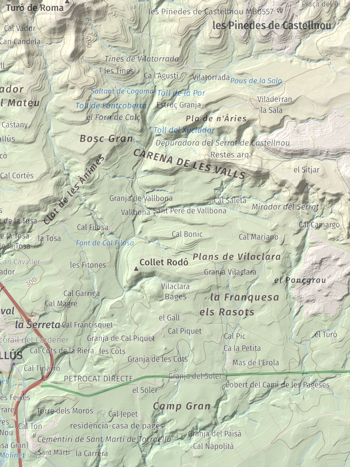 Mapa de relieve de Puig-alter, 522 m, Bages, lámina 100 Cims de Trobart. Detalle de la zona inferior derecha. 30 × 40 cm.