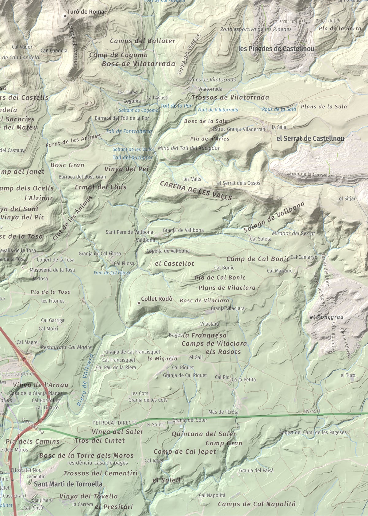 Mapa de relieve de Puig-alter, 522 m, Bages, lámina 100 Cims de Trobart. Detalle de la zona inferior derecha. 50 × 70 cm.