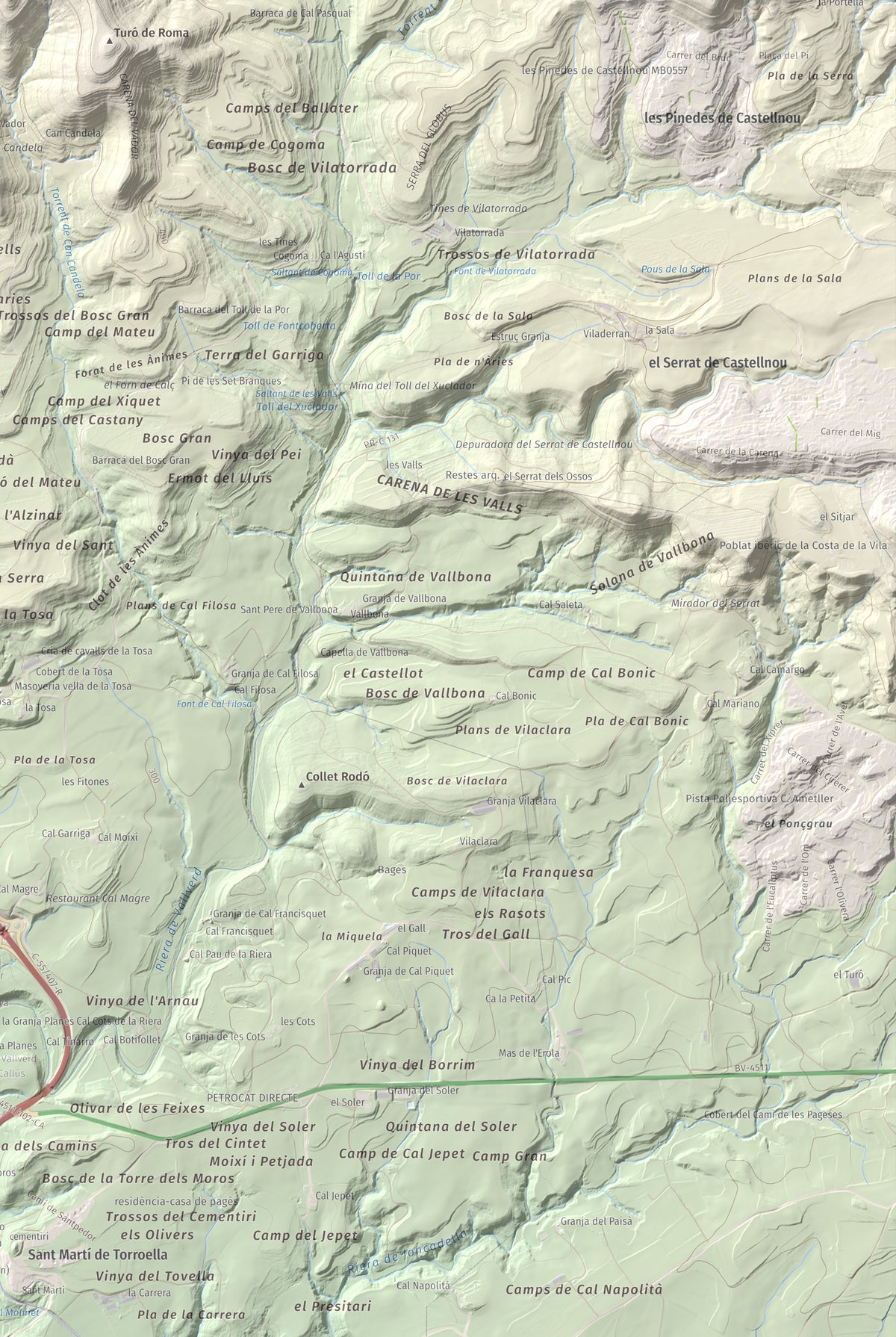 Mapa de relieve de Puig-alter, 522 m, Bages, lámina 100 Cims de Trobart. Detalle de la zona inferior derecha. 61 × 91 cm.