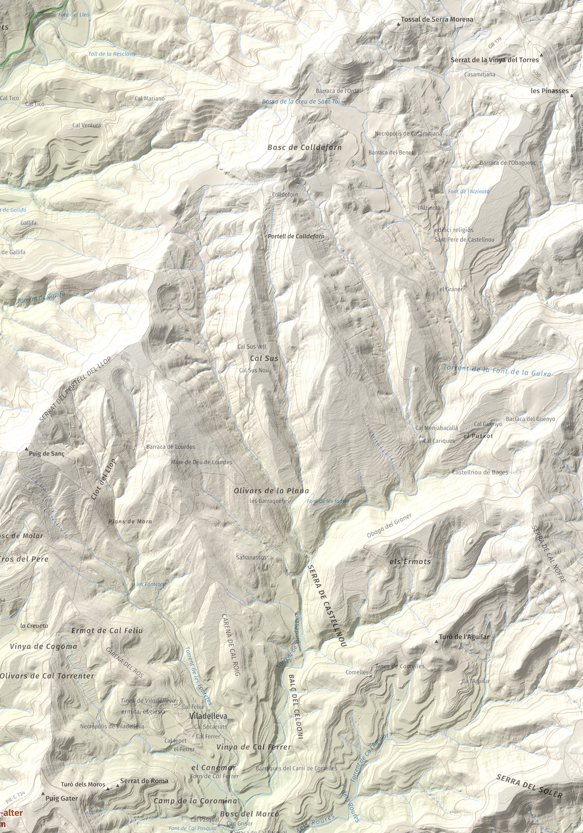 Mapa de relieve de Puig-alter, 522 m, Bages, lámina 100 Cims de Trobart. Detalle de la zona superior derecha. 70 × 100 cm.