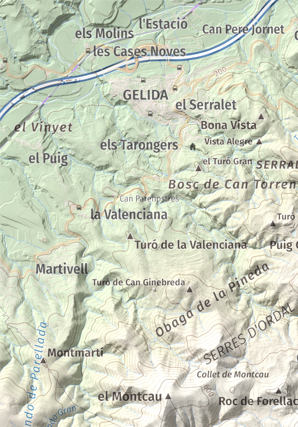 Mapa topográfico del relieve: Puig d'Agulles, 653 m. Detalle de la zona superior izquierda. 21 × 30 cm.