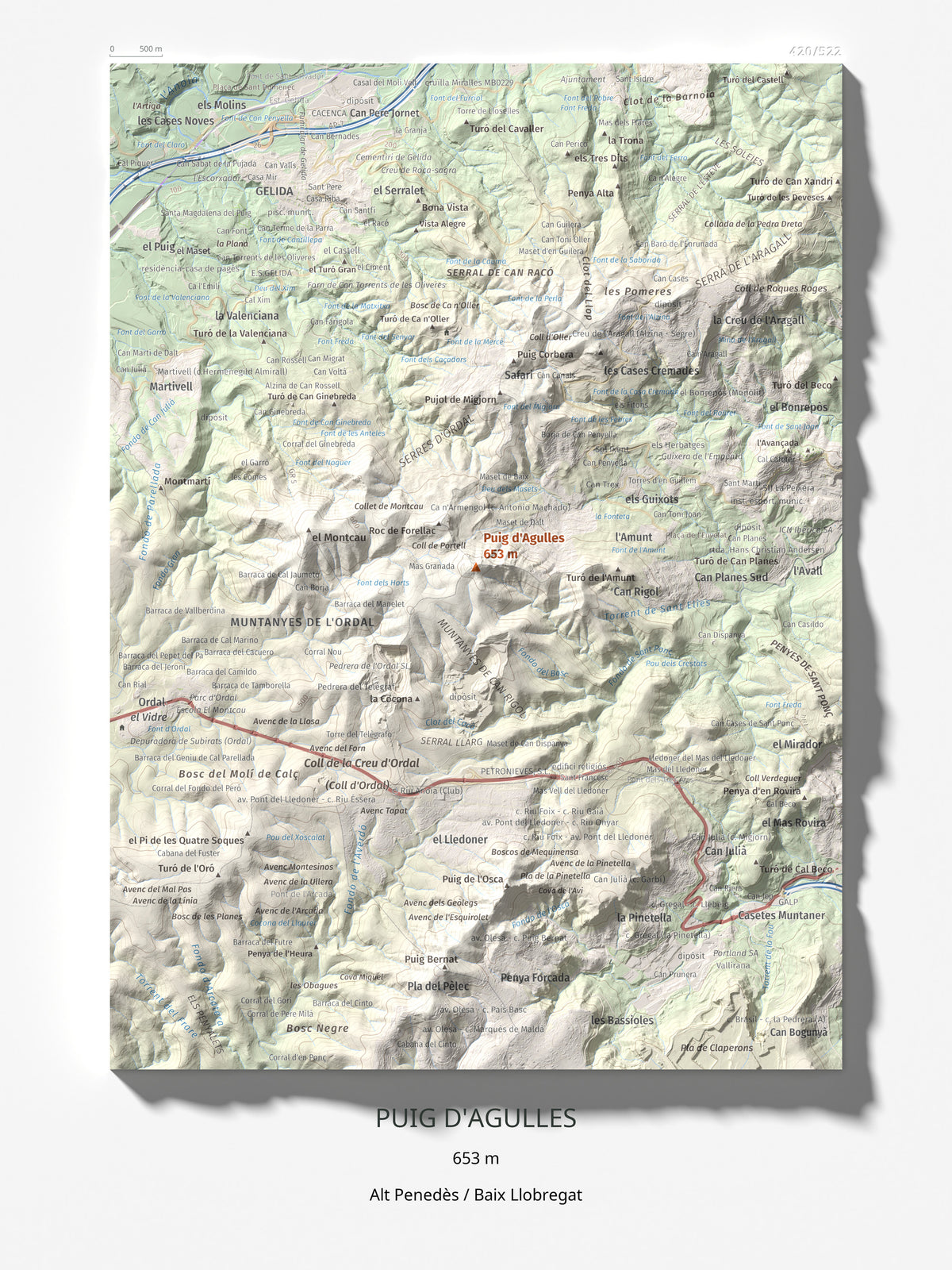 Mapa topográfico del relieve: Puig d'Agulles, 653 m. Lámina completa. 30 × 40 cm.