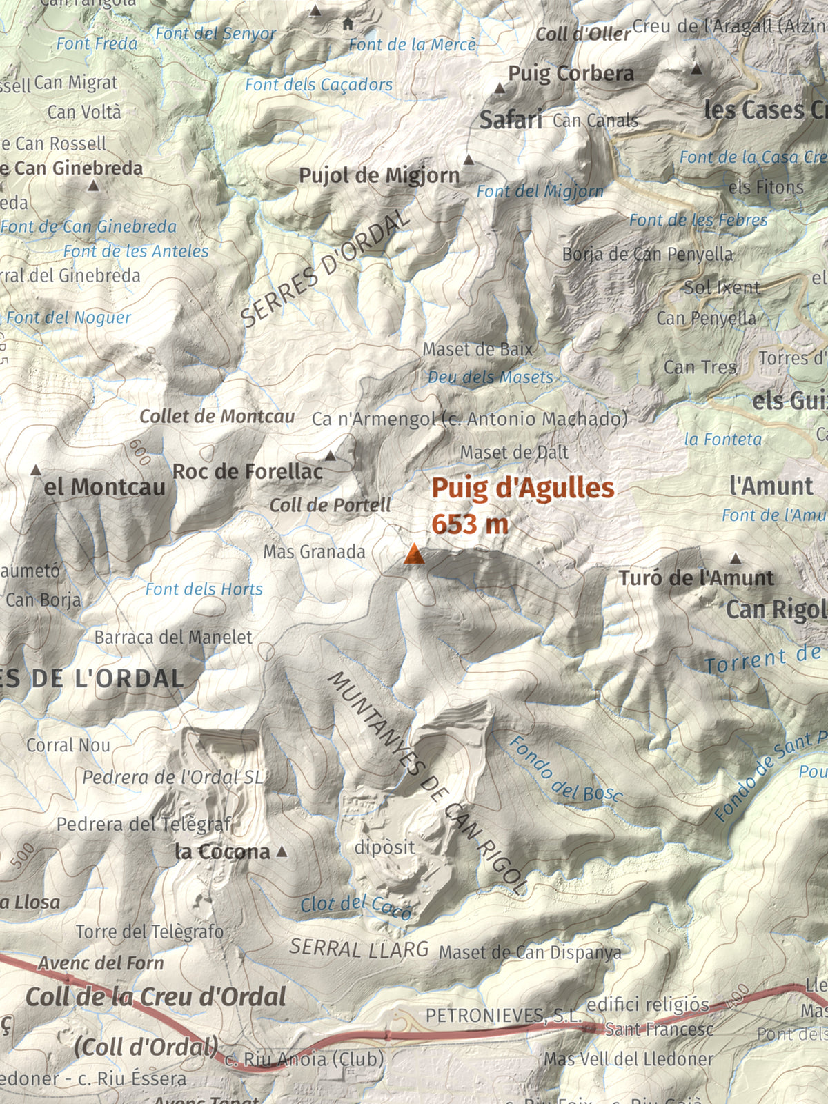 Mapa topográfico del relieve: Puig d'Agulles, 653 m. Detalle de la zona central. 30 × 40 cm.