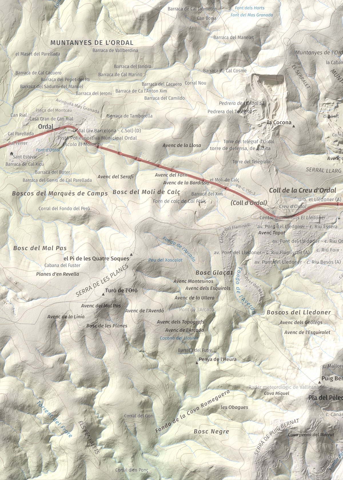 Mapa topográfico del relieve: Puig d'Agulles, 653 m. Detalle de la zona inferior izquierda. 50 × 70 cm.