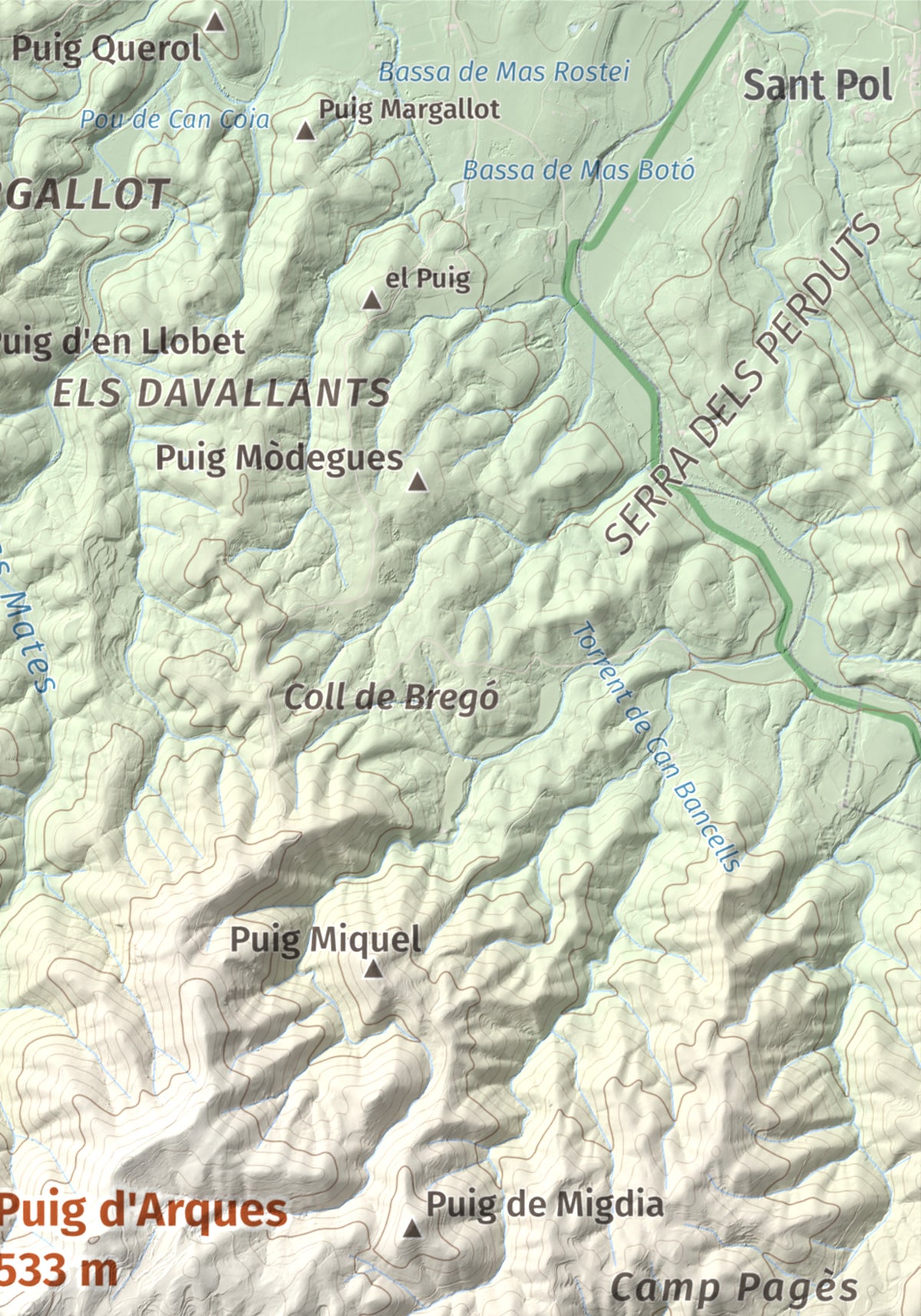 Mapa de relieve de Puig d'Arques, 533 m, Baix Empordà, lámina 100 Cims de Trobart. Detalle de la zona superior derecha. 21 × 30 cm.
