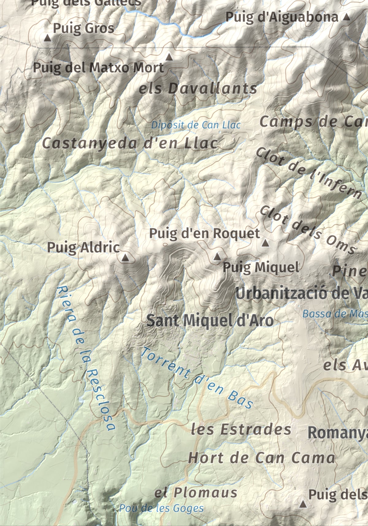 Mapa de relieve de Puig d'Arques, 533 m, Baix Empordà, lámina 100 Cims de Trobart. Detalle de la zona inferior izquierda. 21 × 30 cm.