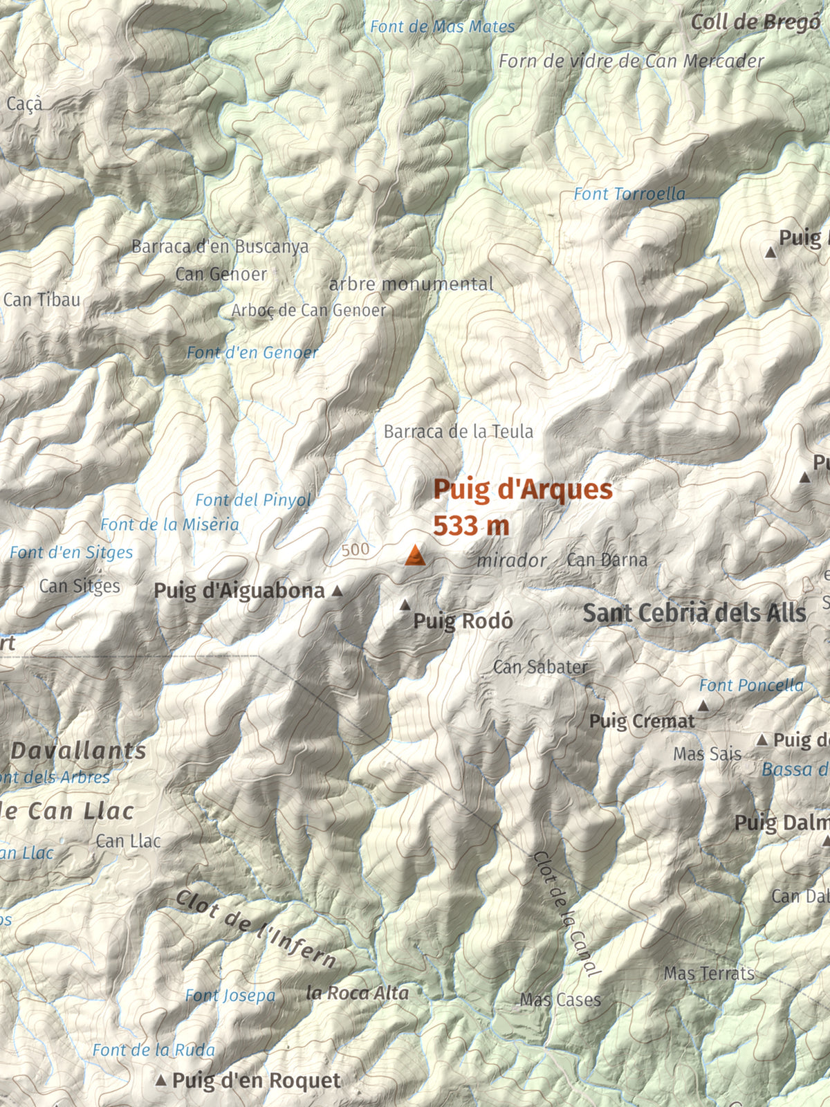 Mapa de relieve de Puig d'Arques, 533 m, Baix Empordà, lámina 100 Cims de Trobart. Detalle de la zona central. 30 × 40 cm.