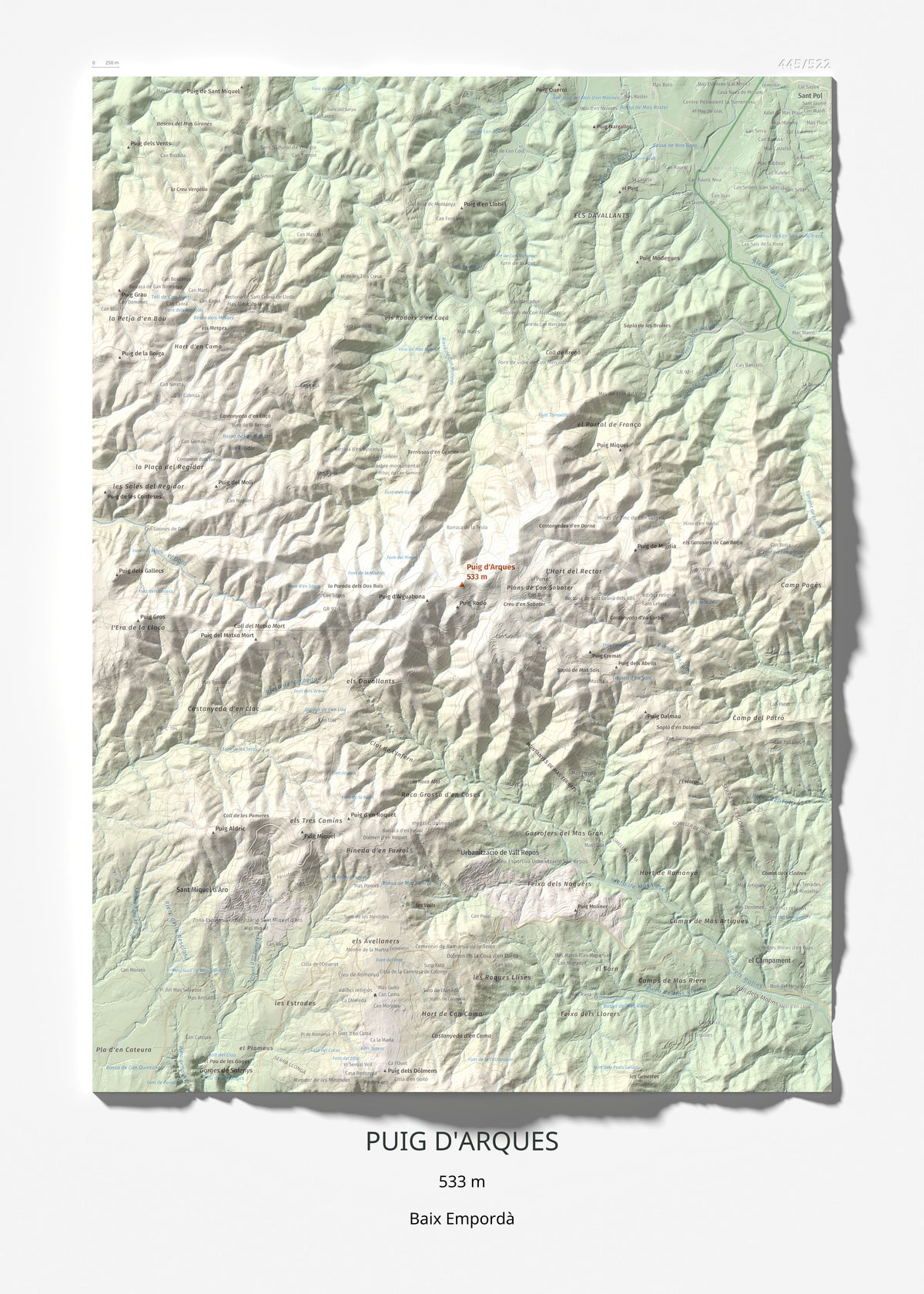Mapa de relieve de Puig d'Arques, 533 m, Baix Empordà, lámina 100 Cims de Trobart 50 × 70 cm.