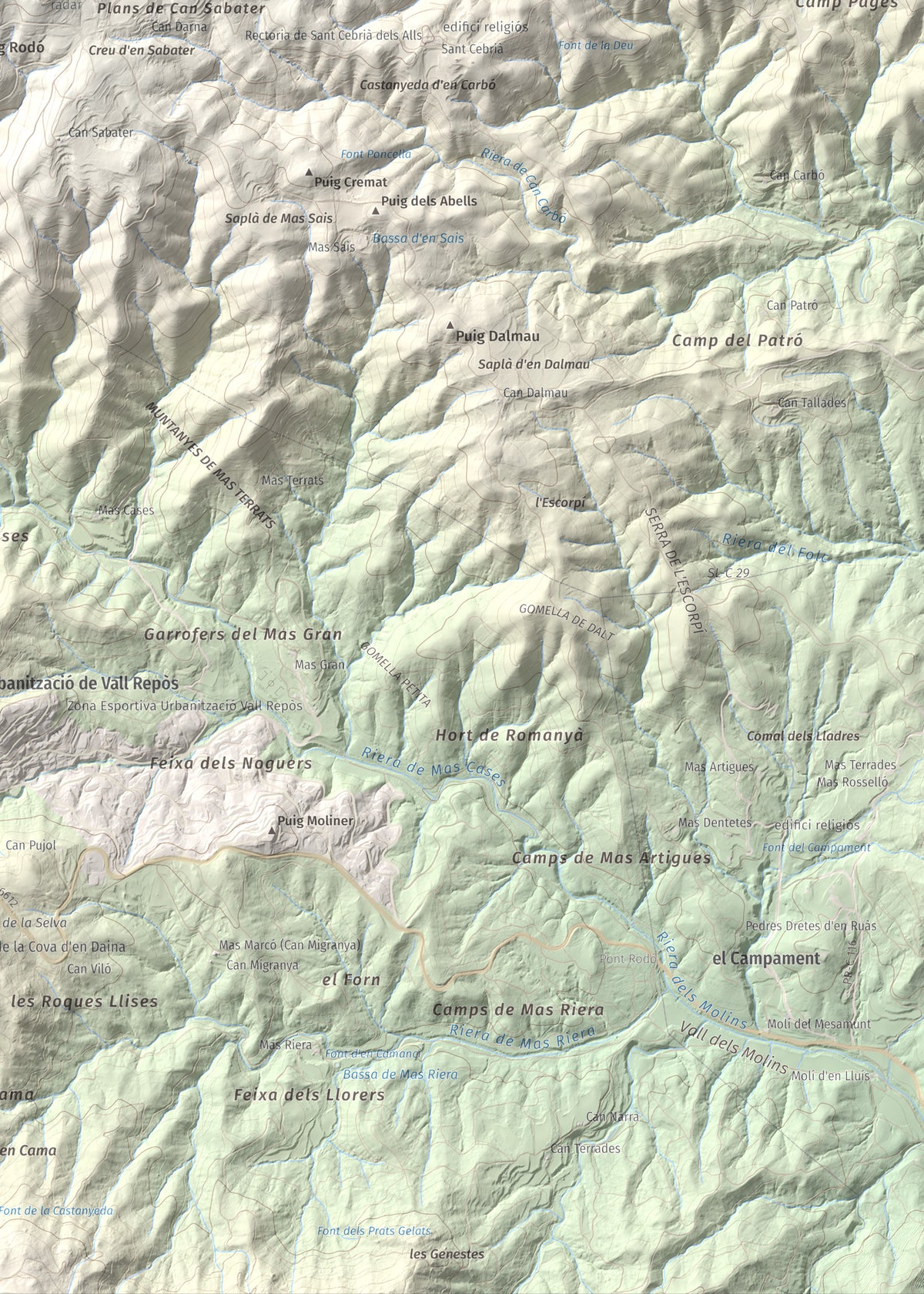 Mapa de relieve de Puig d'Arques, 533 m, Baix Empordà, lámina 100 Cims de Trobart. Detalle de la zona inferior derecha. 50 × 70 cm.