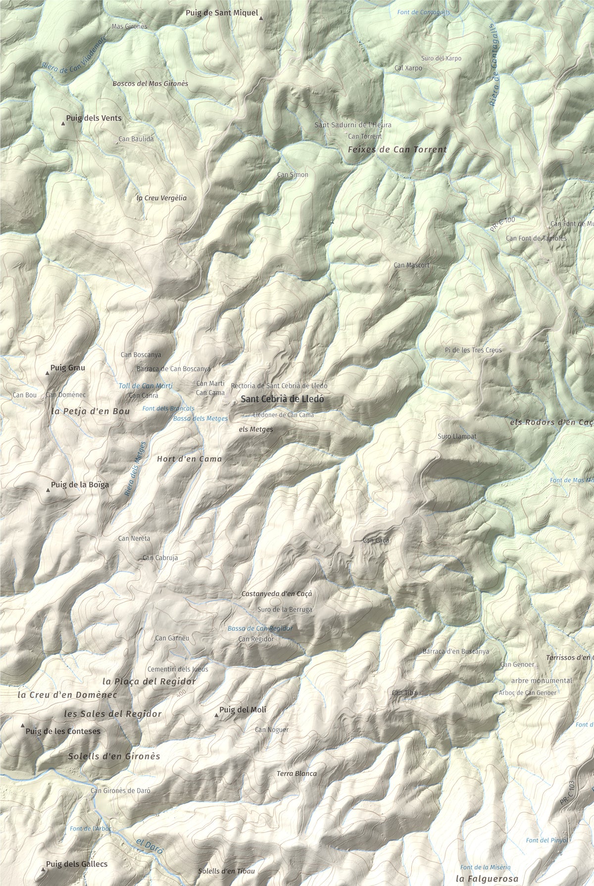 Mapa de relieve de Puig d'Arques, 533 m, Baix Empordà, lámina 100 Cims de Trobart. Detalle de la zona superior izquierda. 61 × 91 cm.