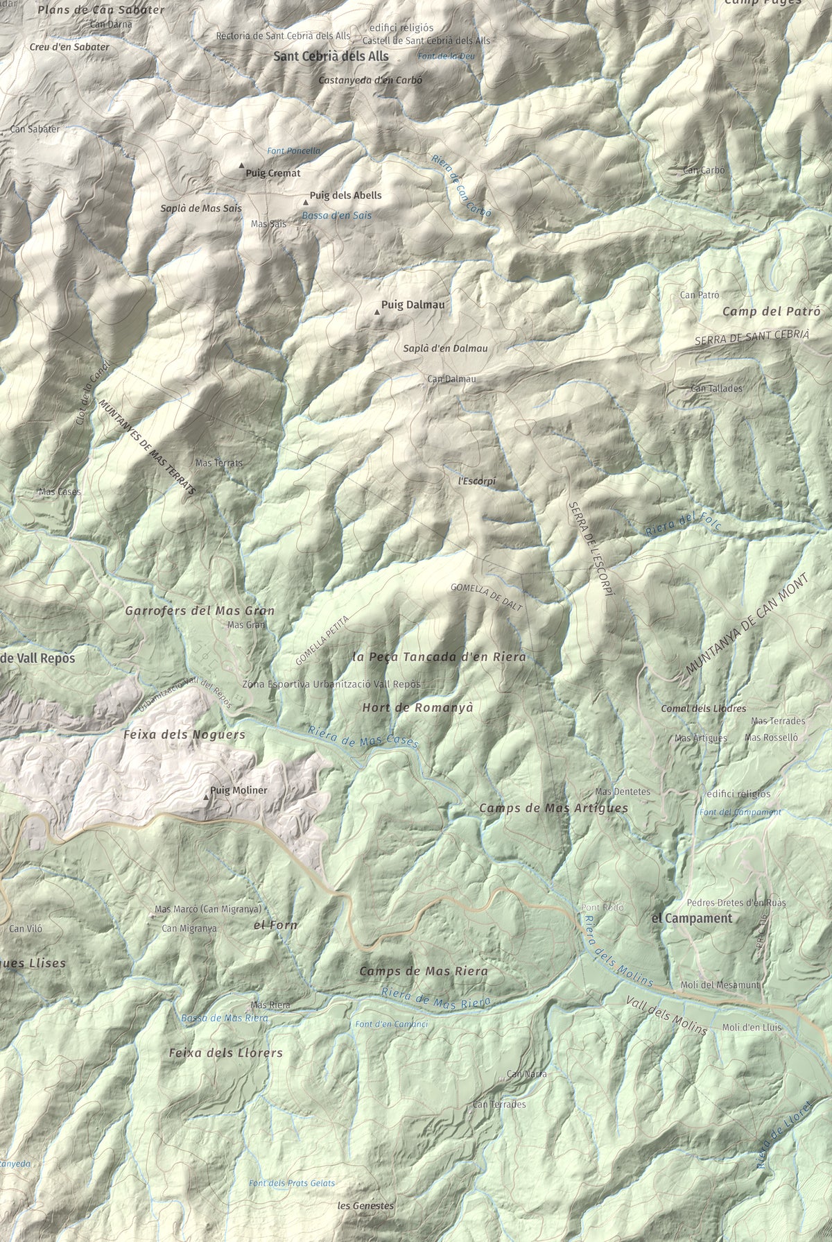 Mapa de relieve de Puig d'Arques, 533 m, Baix Empordà, lámina 100 Cims de Trobart. Detalle de la zona inferior derecha. 61 × 91 cm.