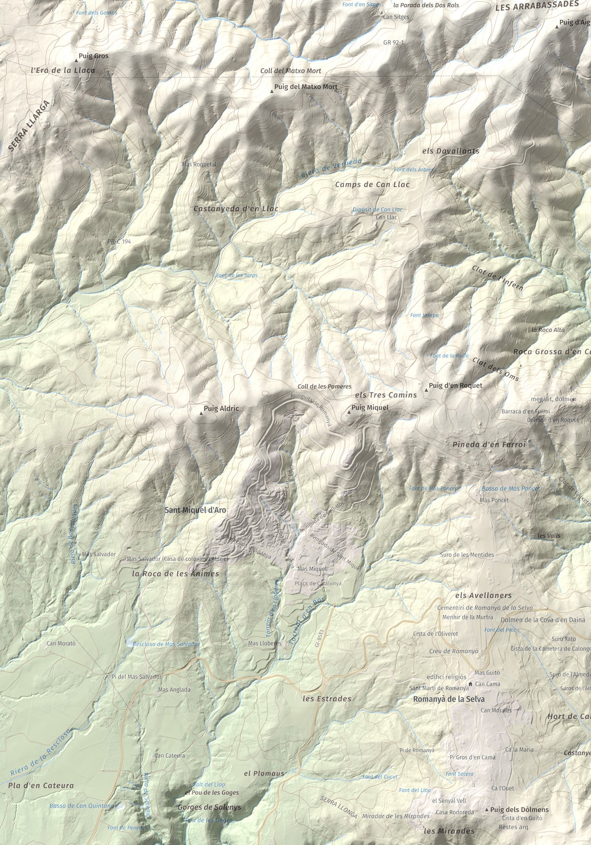 Mapa de relieve de Puig d'Arques, 533 m, Baix Empordà, lámina 100 Cims de Trobart. Detalle de la zona inferior izquierda. 70 × 100 cm.