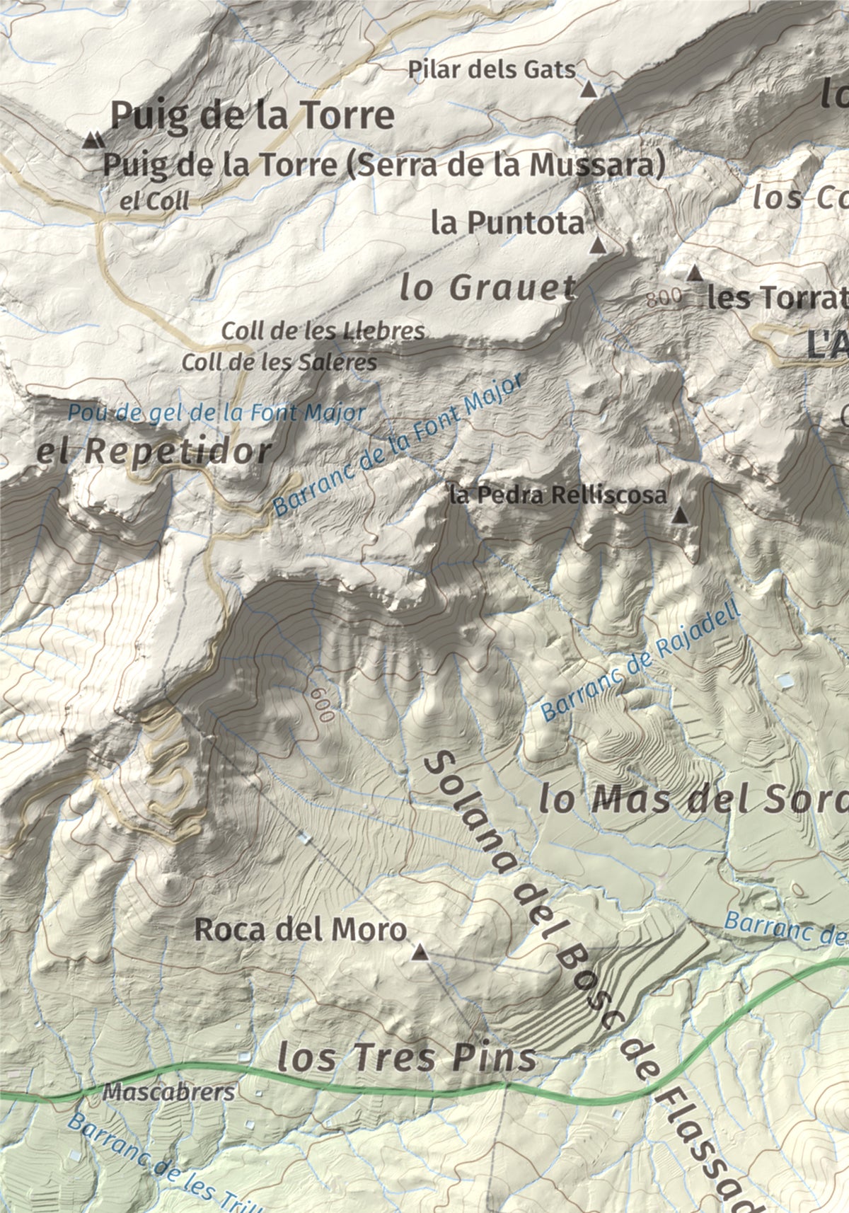 Mapa topogràfic del relleu: Puig d'en Cama, 717 m. Detall de la zona superior esquerra. 21 × 30 cm.