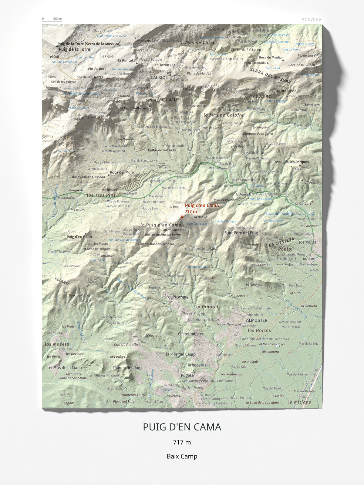 Mapa topogràfic del relleu: Puig d'en Cama, 717 m. Làmina completa. 30 × 40 cm.