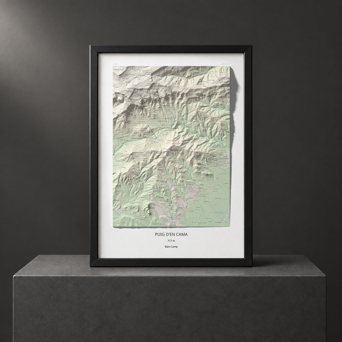 Mapa topogràfic del relleu: Puig d'en Cama, 717 m. Presentació emmarcada. 50 × 70 cm.