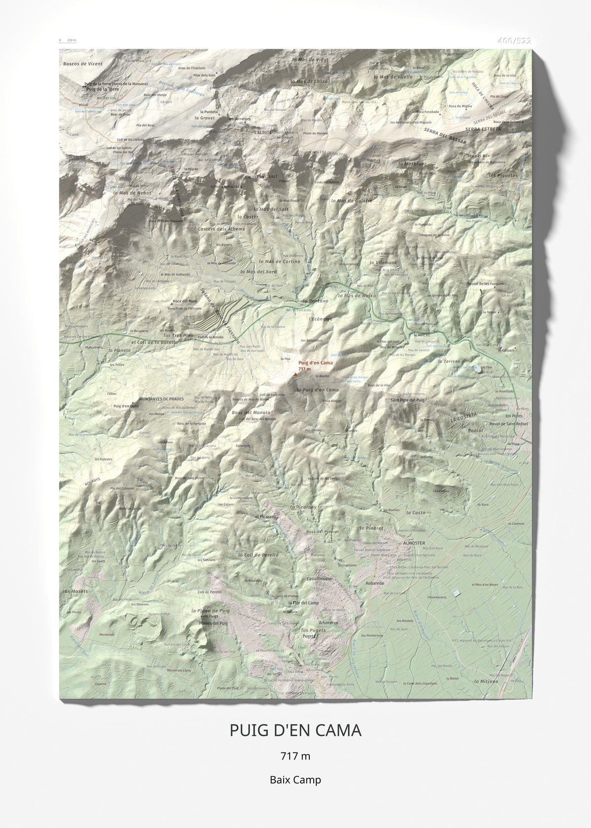 Mapa topogràfic del relleu: Puig d'en Cama, 717 m. Làmina completa. 50 × 70 cm.