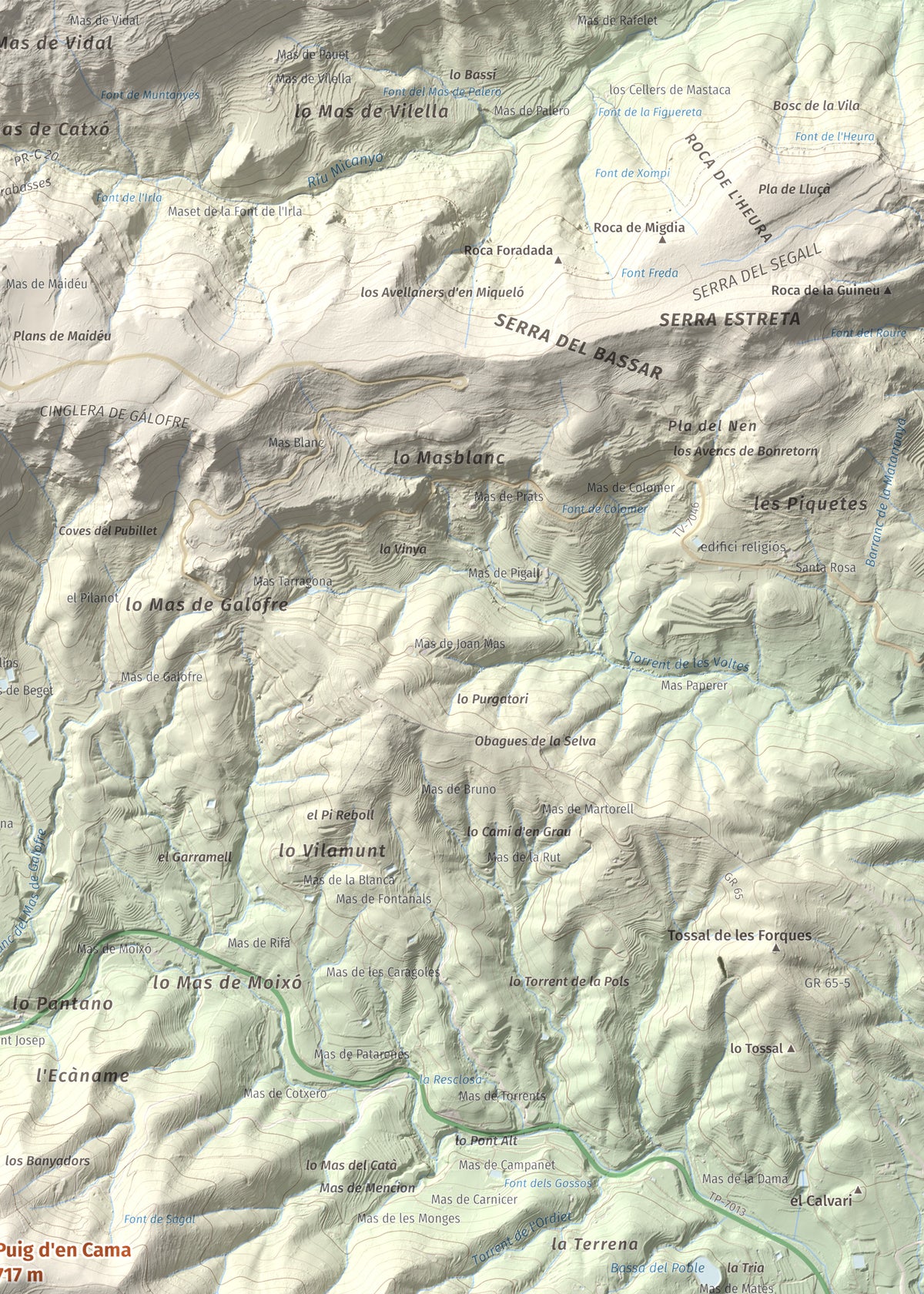 Mapa topogràfic del relleu: Puig d'en Cama, 717 m. Detall de la zona superior dreta. 50 × 70 cm.