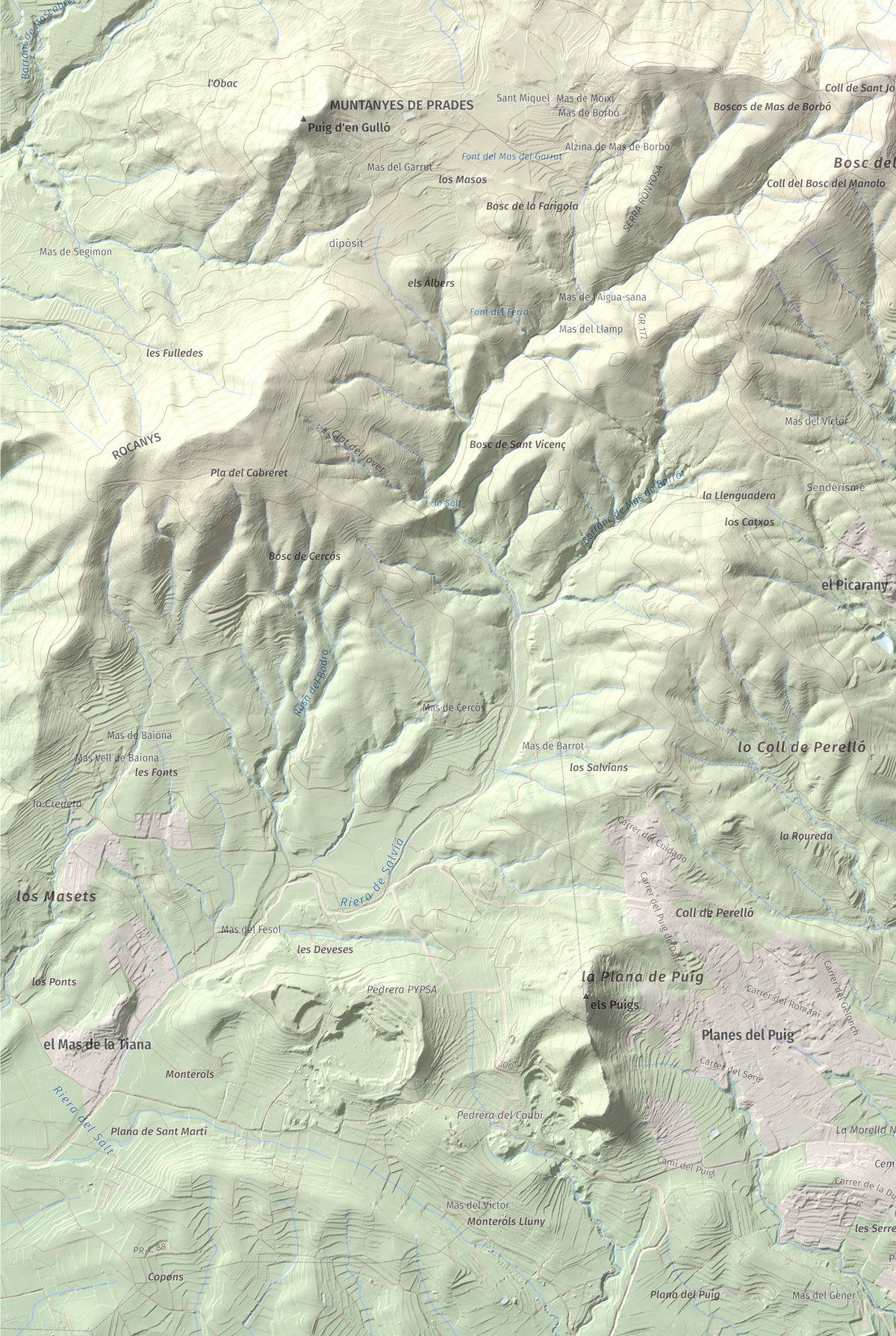Mapa topogràfic del relleu: Puig d'en Cama, 717 m. Detall de la zona inferior esquerra. 61 × 91 cm.
