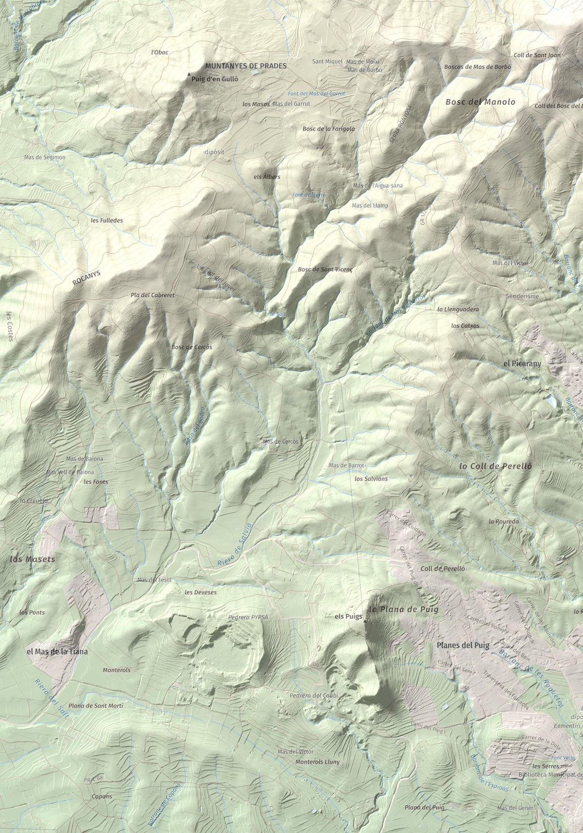 Mapa topogràfic del relleu: Puig d'en Cama, 717 m. Detall de la zona inferior esquerra. 70 × 100 cm.