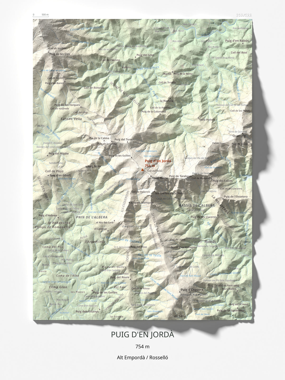 Mapa topográfico del relieve: Puig d'en Jordà, 754 m. Lámina completa. 30 × 40 cm.