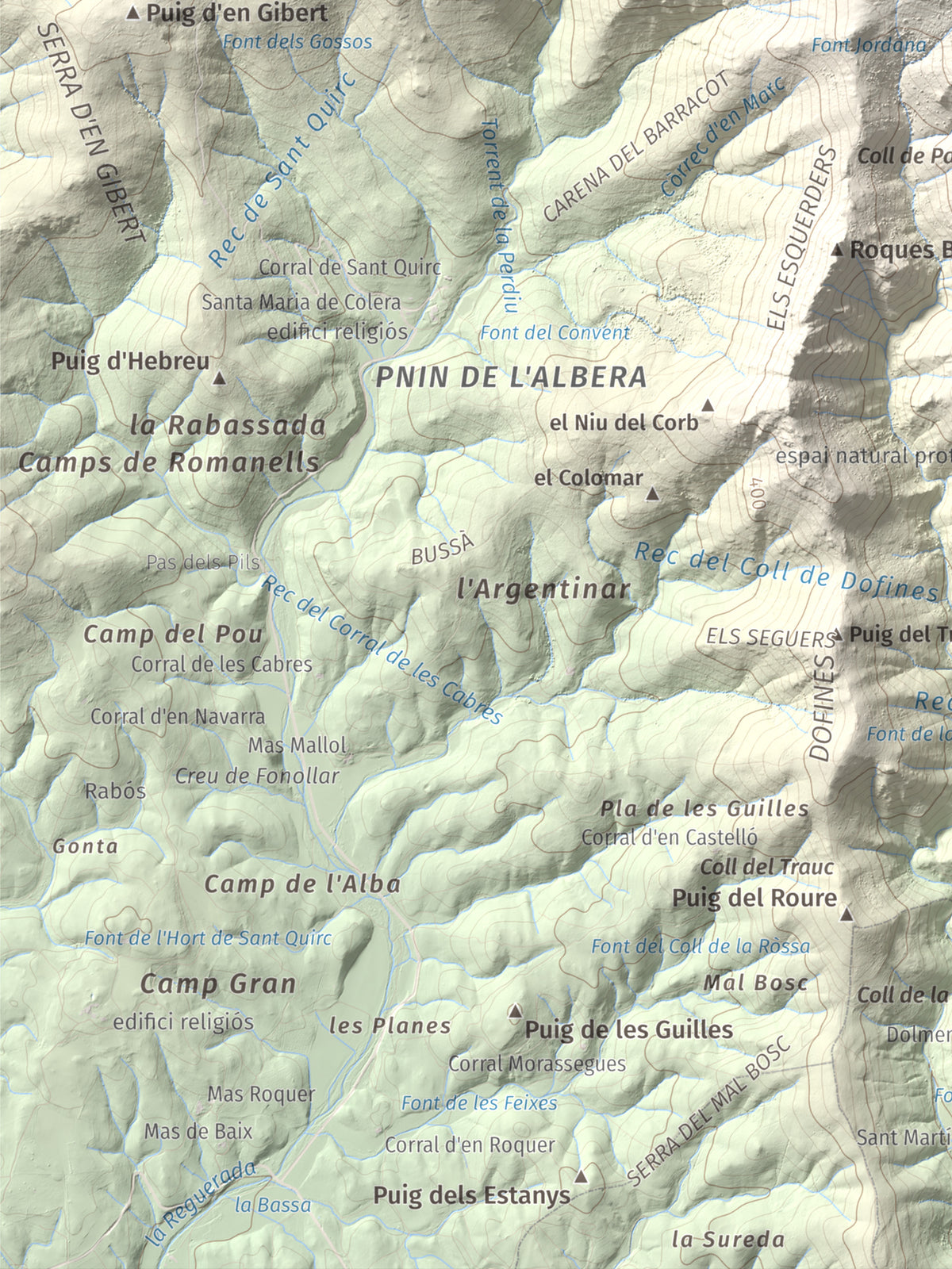 Mapa topográfico del relieve: Puig d'en Jordà, 754 m. Detalle de la zona inferior izquierda. 30 × 40 cm.