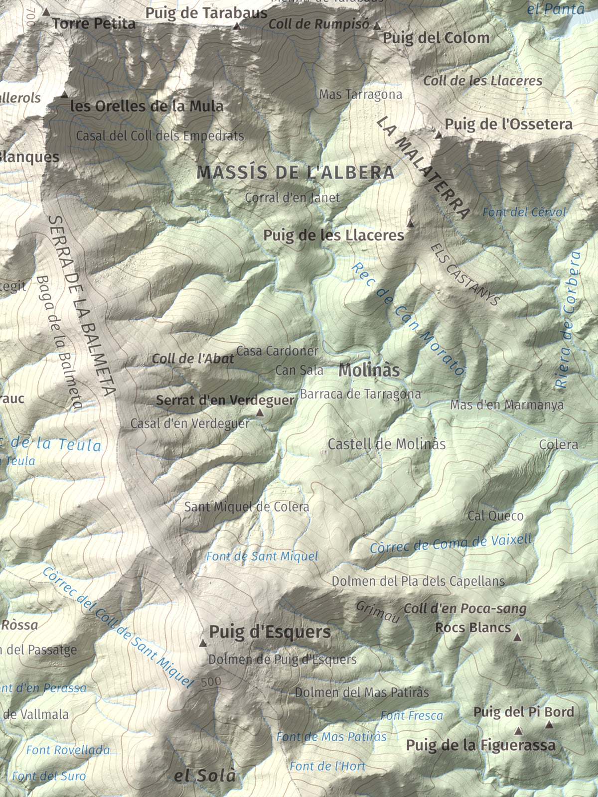 Mapa topográfico del relieve: Puig d'en Jordà, 754 m. Detalle de la zona inferior derecha. 30 × 40 cm.