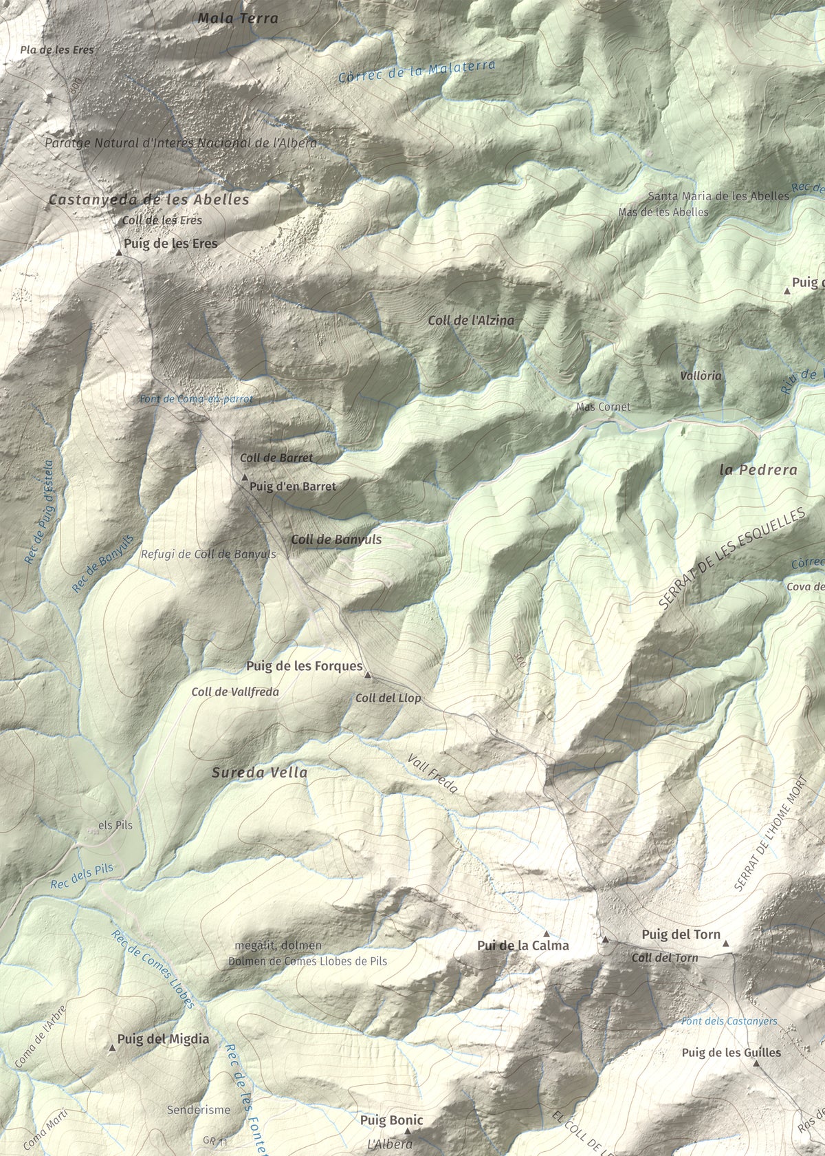Mapa topográfico del relieve: Puig d'en Jordà, 754 m. Detalle de la zona superior izquierda. 50 × 70 cm.