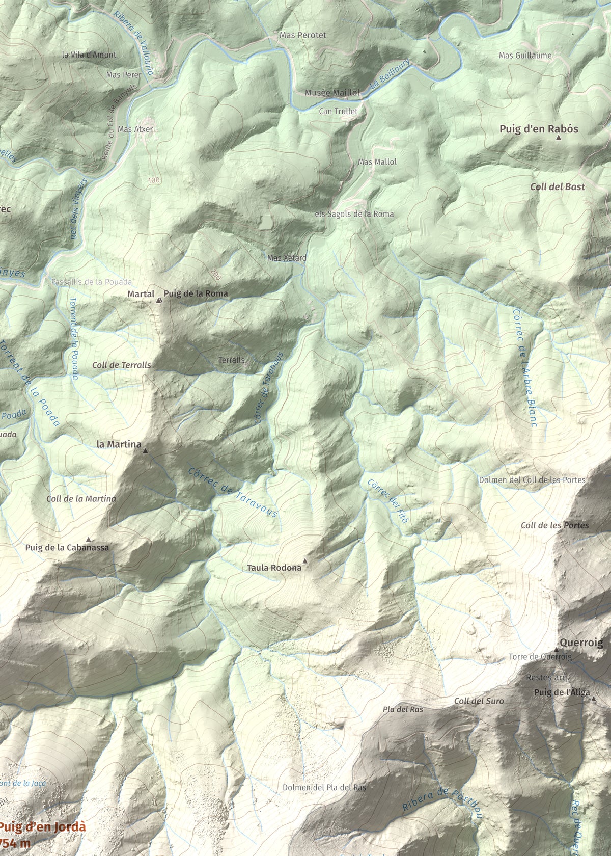 Mapa topográfico del relieve: Puig d'en Jordà, 754 m. Detalle de la zona superior derecha. 50 × 70 cm.