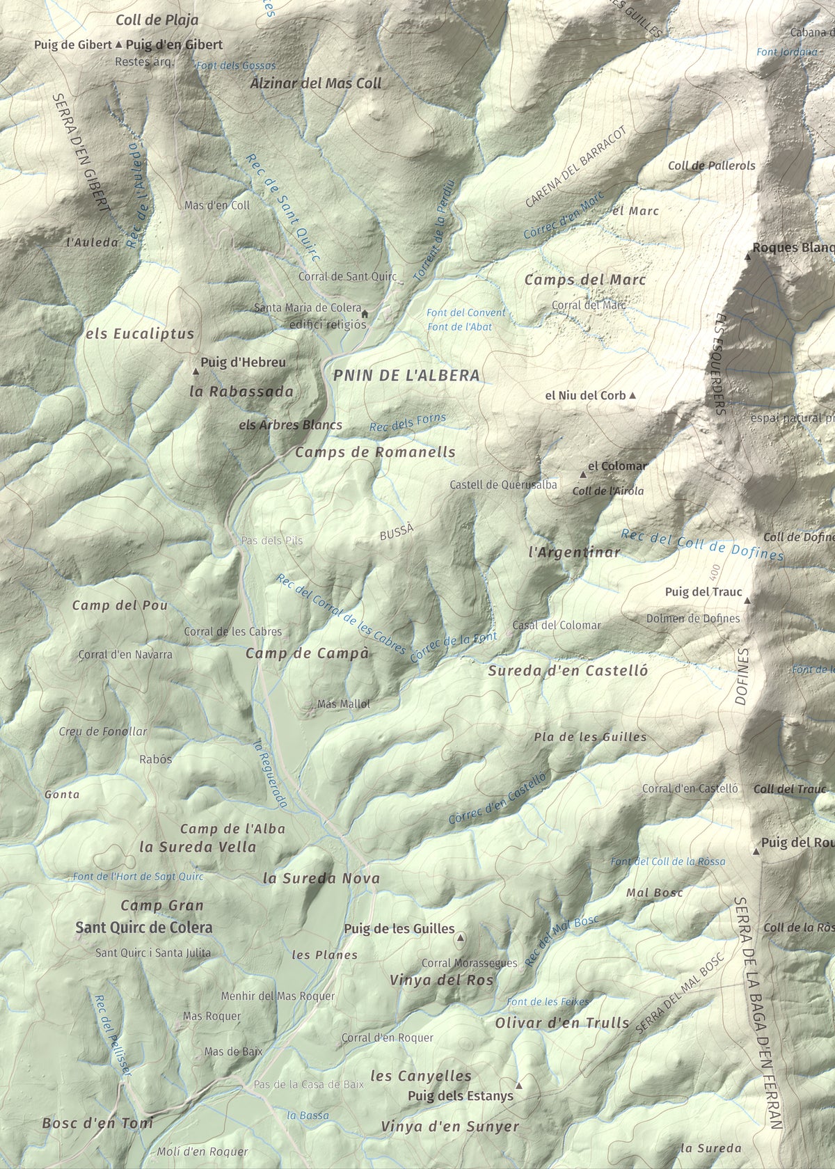 Mapa topográfico del relieve: Puig d'en Jordà, 754 m. Detalle de la zona inferior izquierda. 50 × 70 cm.