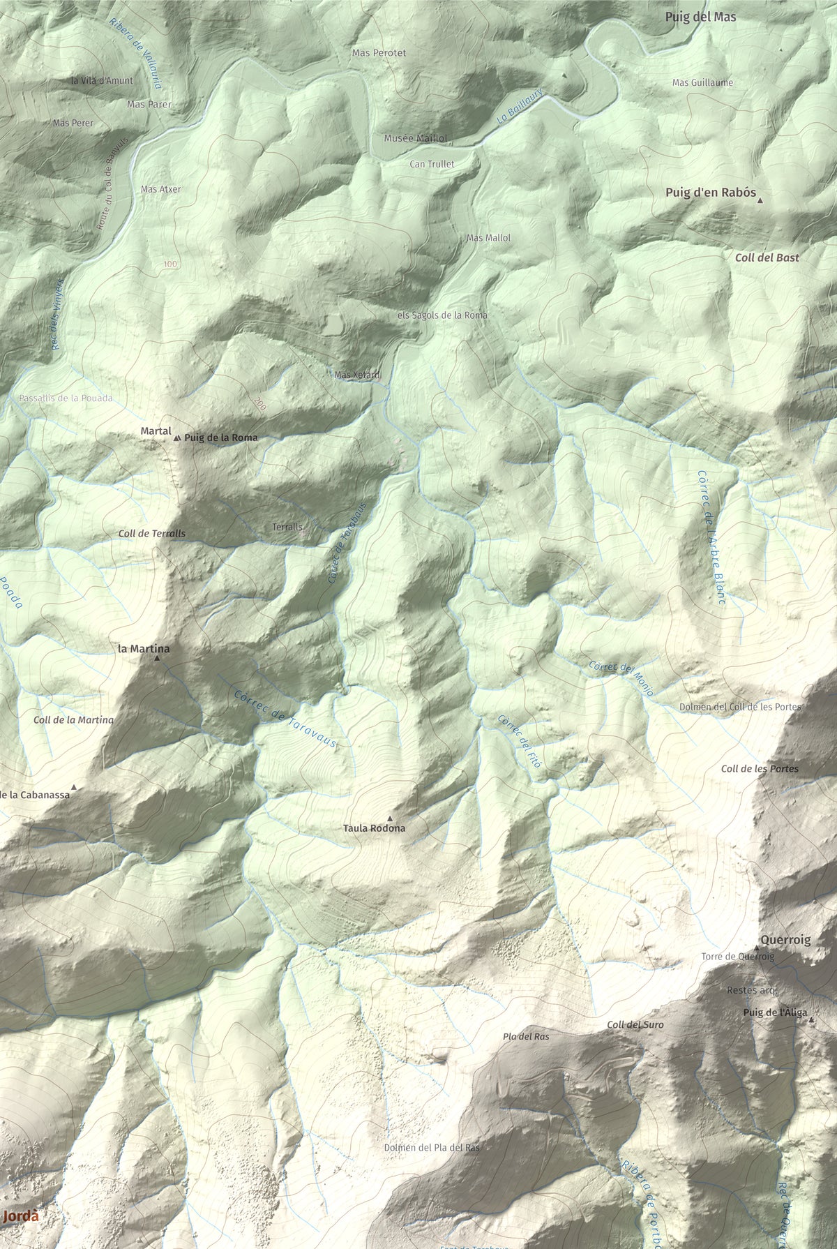 Mapa topográfico del relieve: Puig d'en Jordà, 754 m. Detalle de la zona superior derecha. 61 × 91 cm.