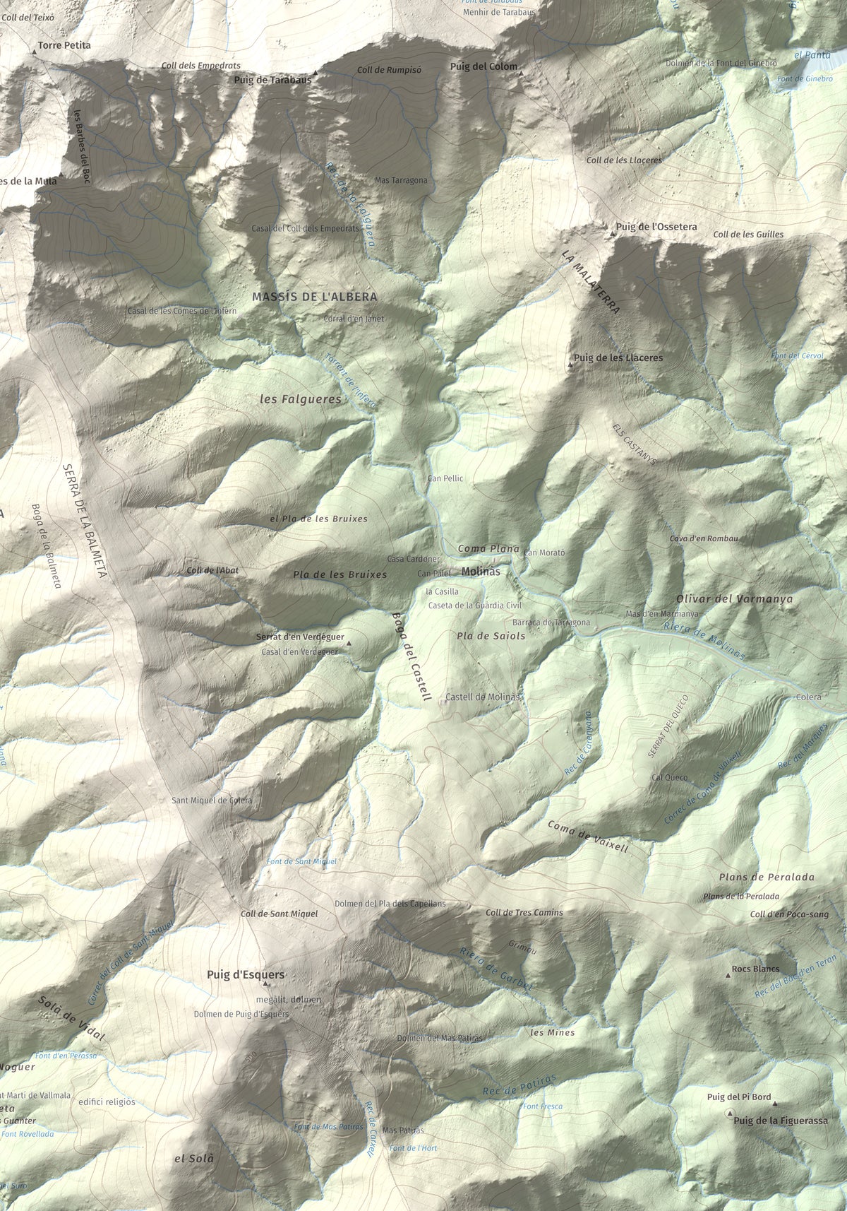 Mapa topográfico del relieve: Puig d'en Jordà, 754 m. Detalle de la zona inferior derecha. 70 × 100 cm.
