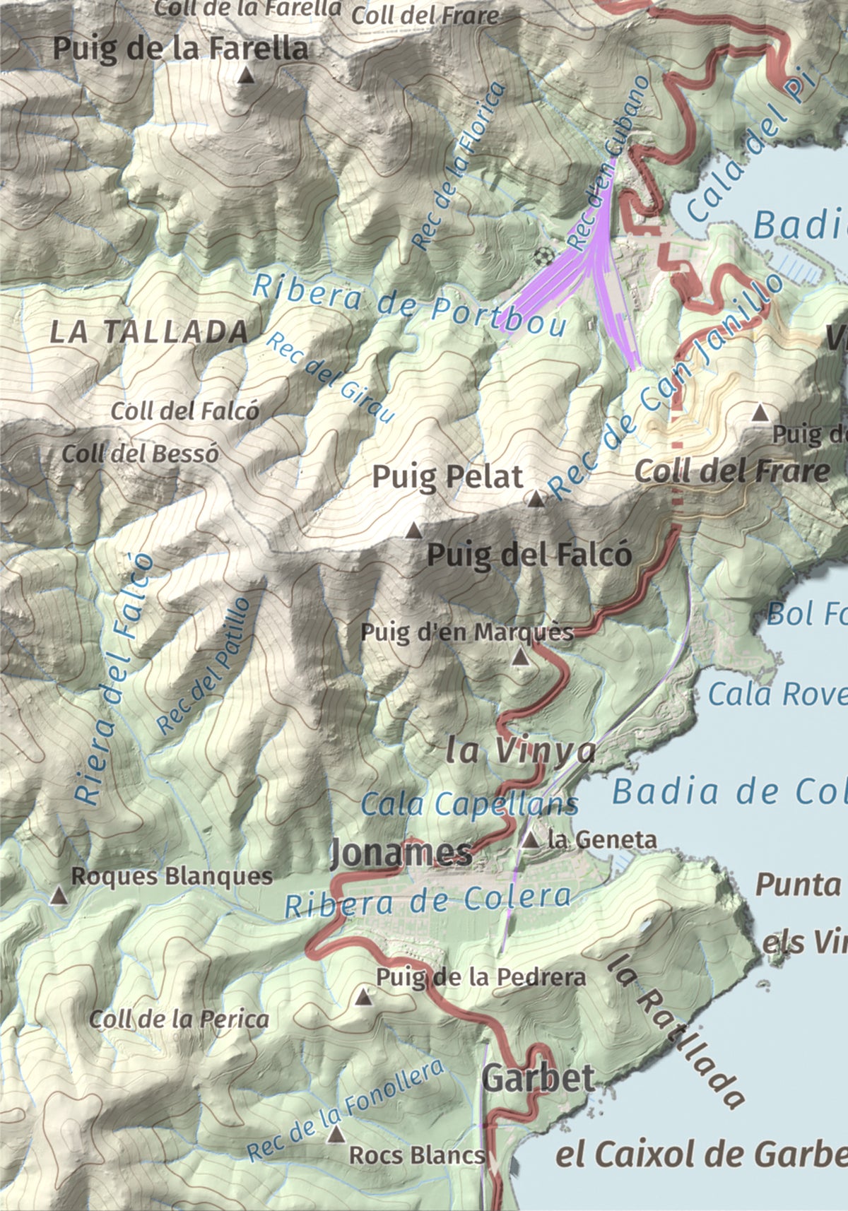 Mapa topogràfic del relleu: Puig de Cervera, 207 m. Detall de la zona inferior esquerra. 21 × 30 cm.
