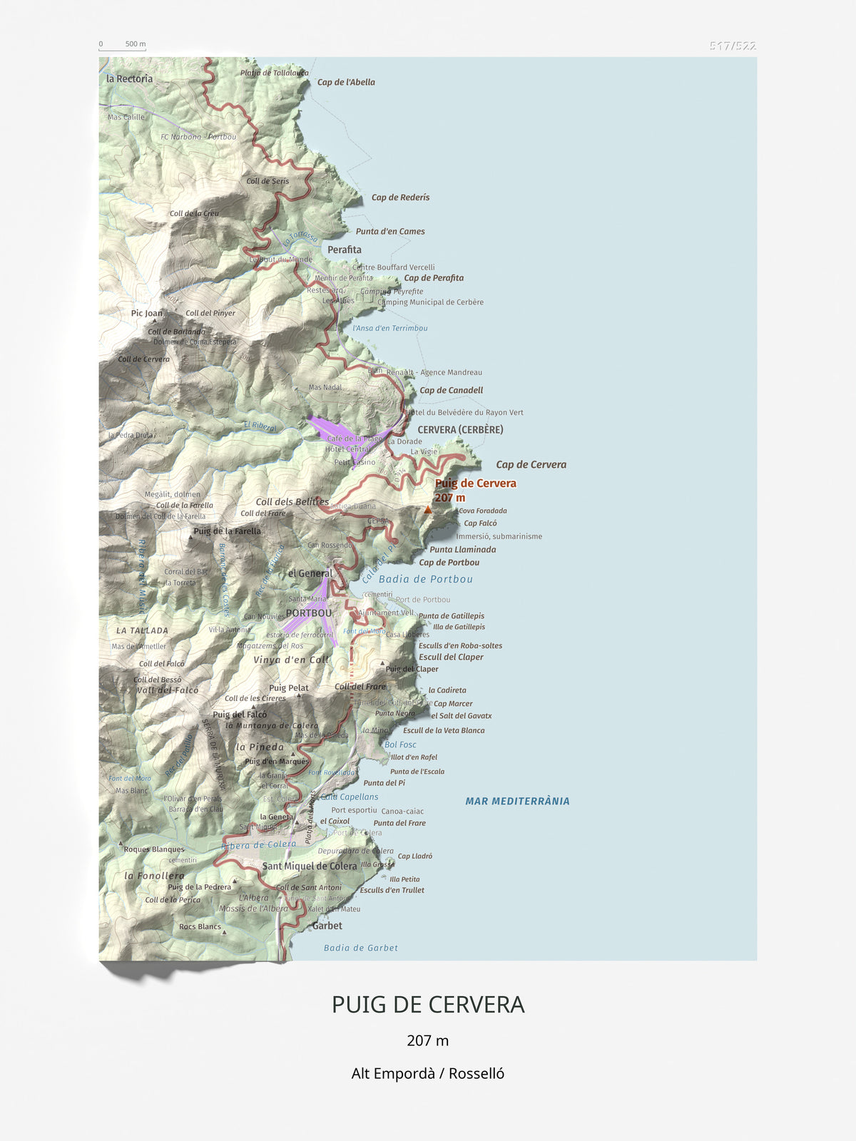 Mapa topogràfic del relleu: Puig de Cervera, 207 m. Làmina completa. 30 × 40 cm.