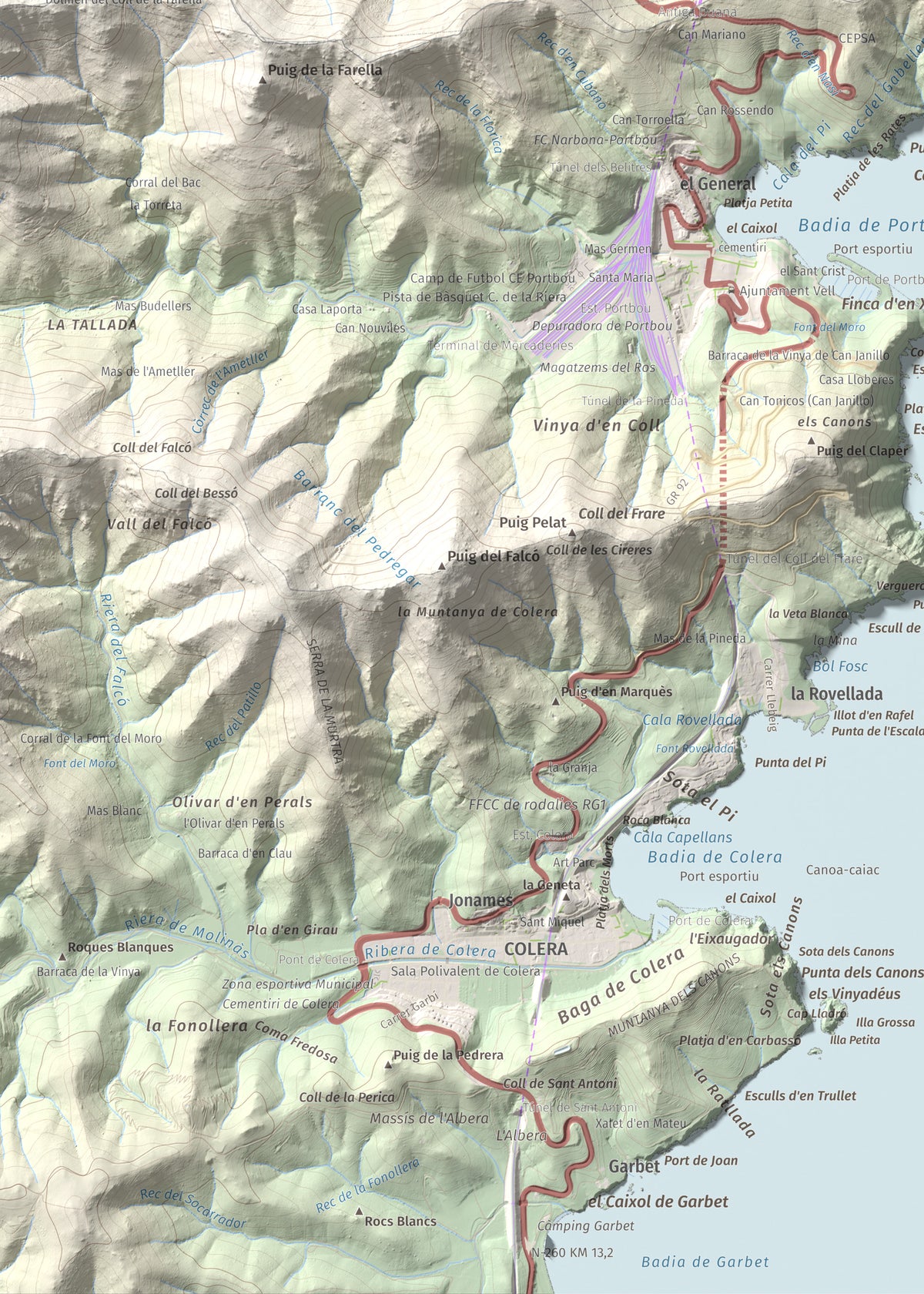 Mapa topogràfic del relleu: Puig de Cervera, 207 m. Detall de la zona inferior esquerra. 50 × 70 cm.
