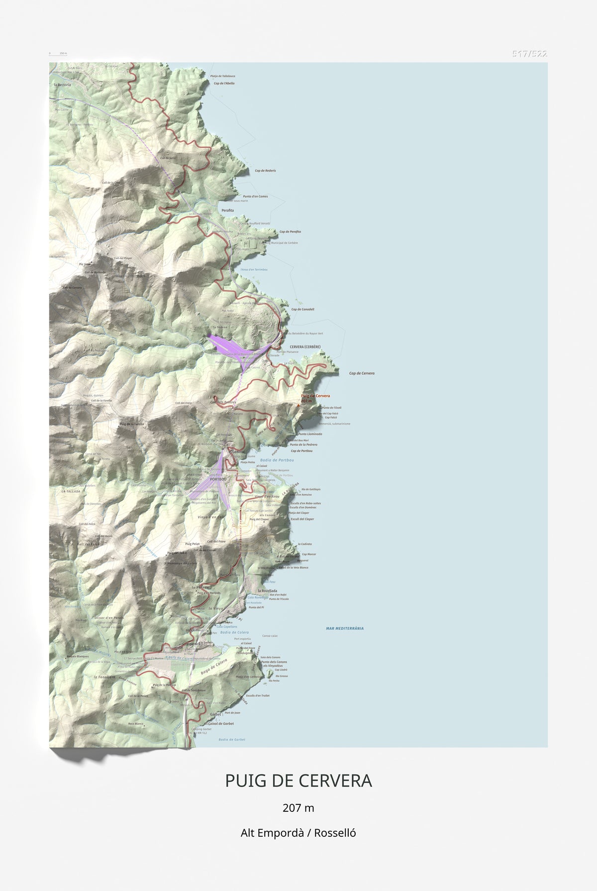 Mapa topogràfic del relleu: Puig de Cervera, 207 m. Làmina completa. 61 × 91 cm.