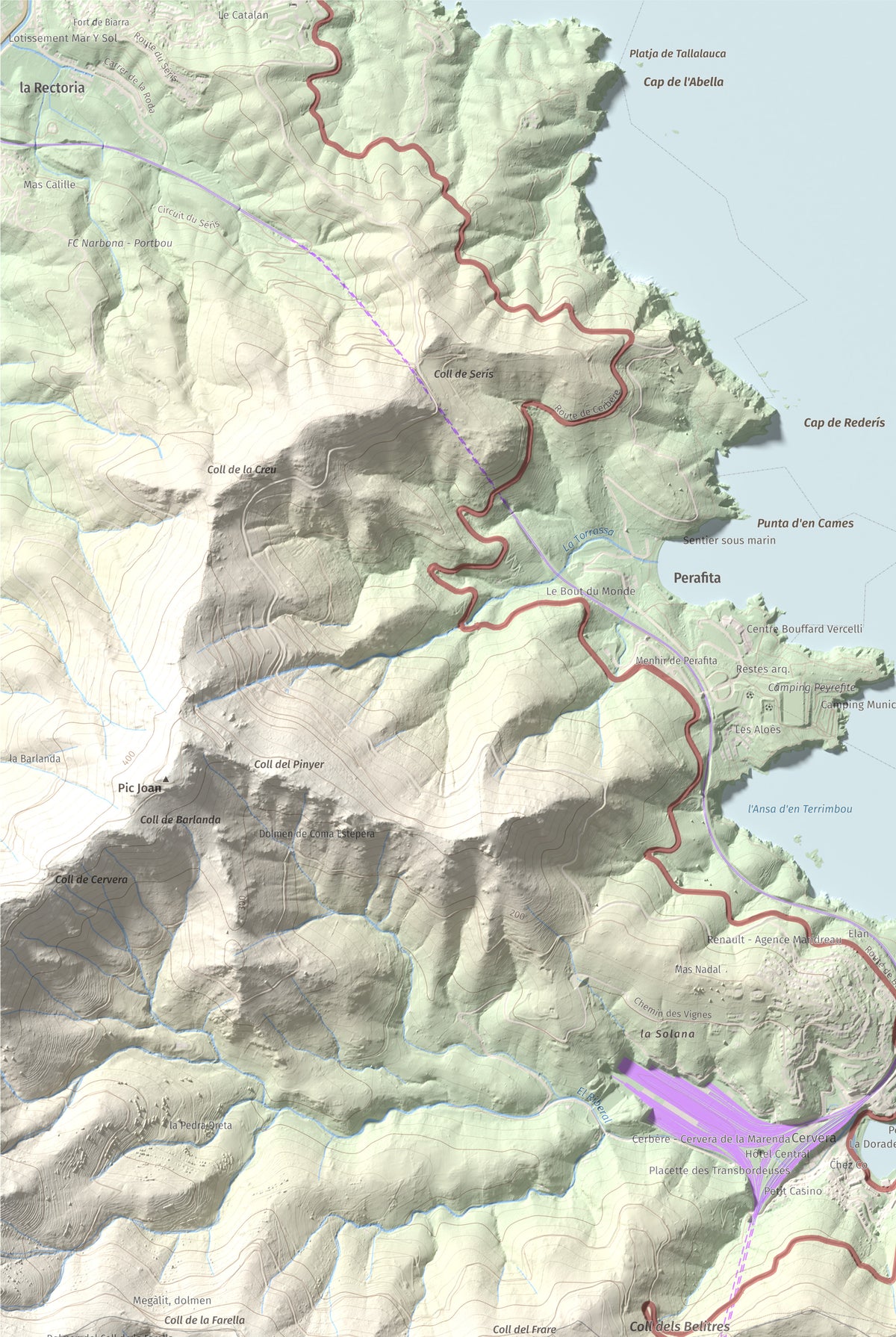 Mapa topogràfic del relleu: Puig de Cervera, 207 m. Detall de la zona superior esquerra. 61 × 91 cm.
