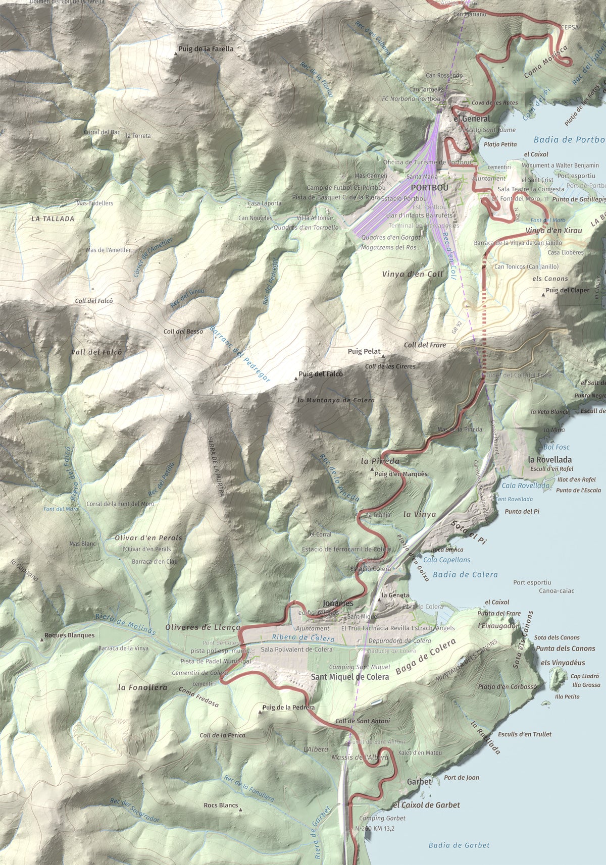 Mapa topogràfic del relleu: Puig de Cervera, 207 m. Detall de la zona inferior esquerra. 70 × 100 cm.
